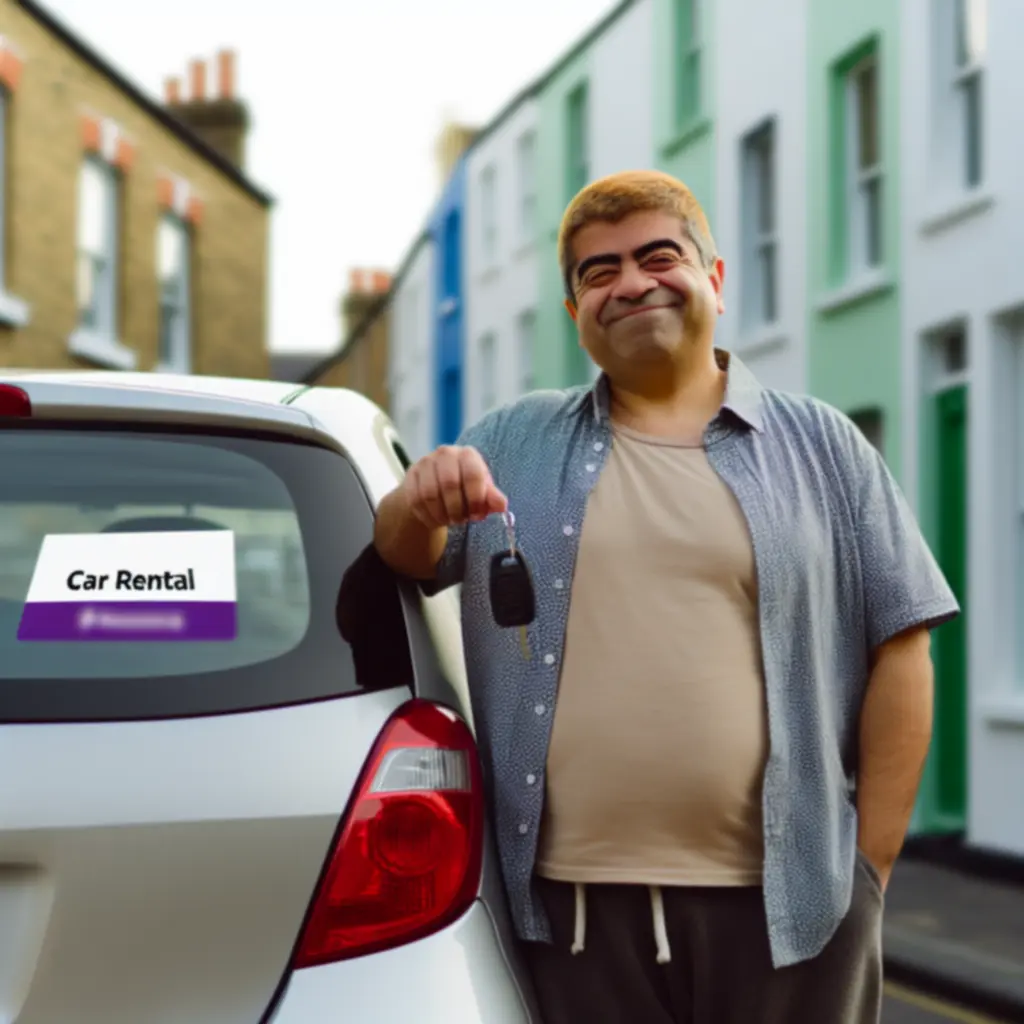 Happy customer standing next to a rental vehicle